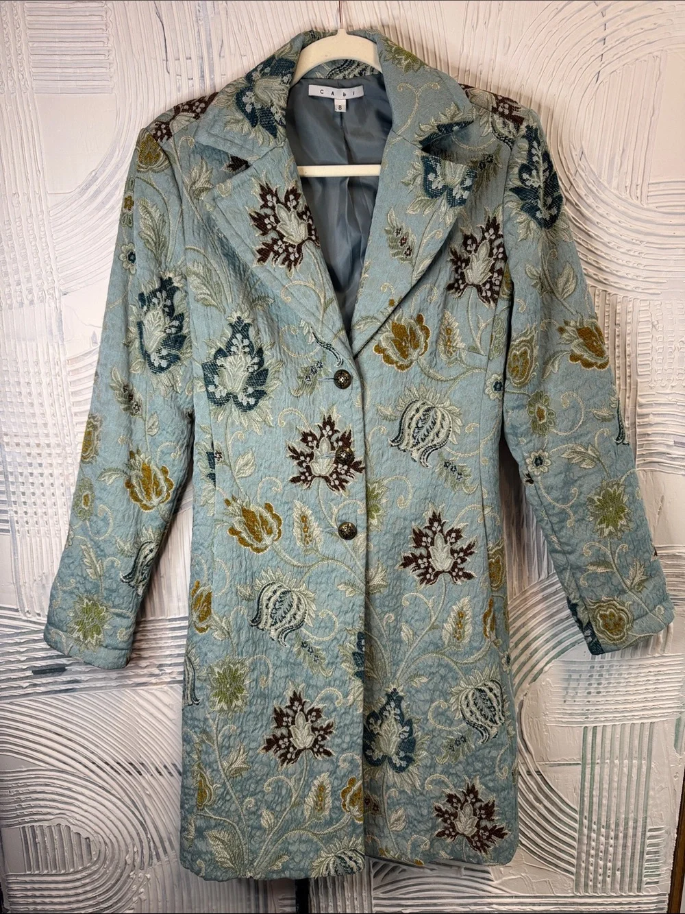 CAbi Powder Blue Floral Brocade Trench Coat